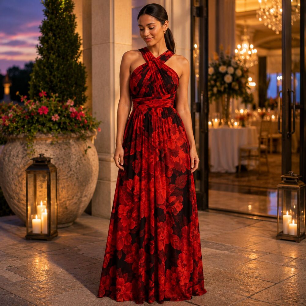 Wedding Guest Dress Calvin Klein Floral Halter Maxi Chiffon Size 4 Red Black